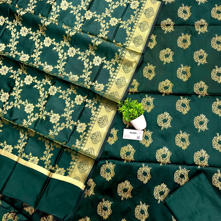 Bottle Green Golden Zari Satin Silk Banarasi Suit
