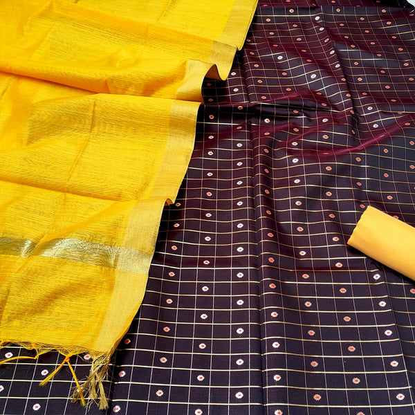 Brown and Yellow Shataranj Banarasi Silk Suit