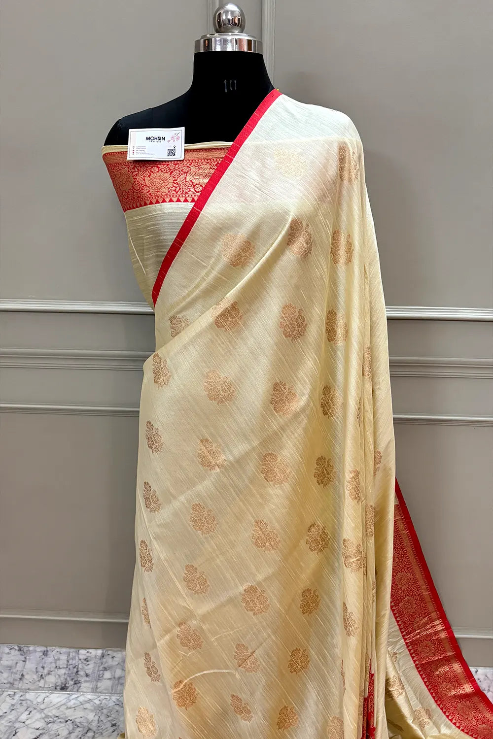 Cream and Red Golden Zari Linen Silk Banarasi Saree