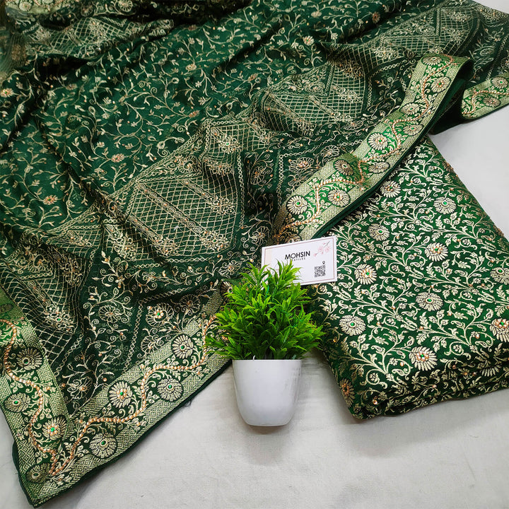 Dark Green Stone Work Kimkhab Silk Banarasi Gharara