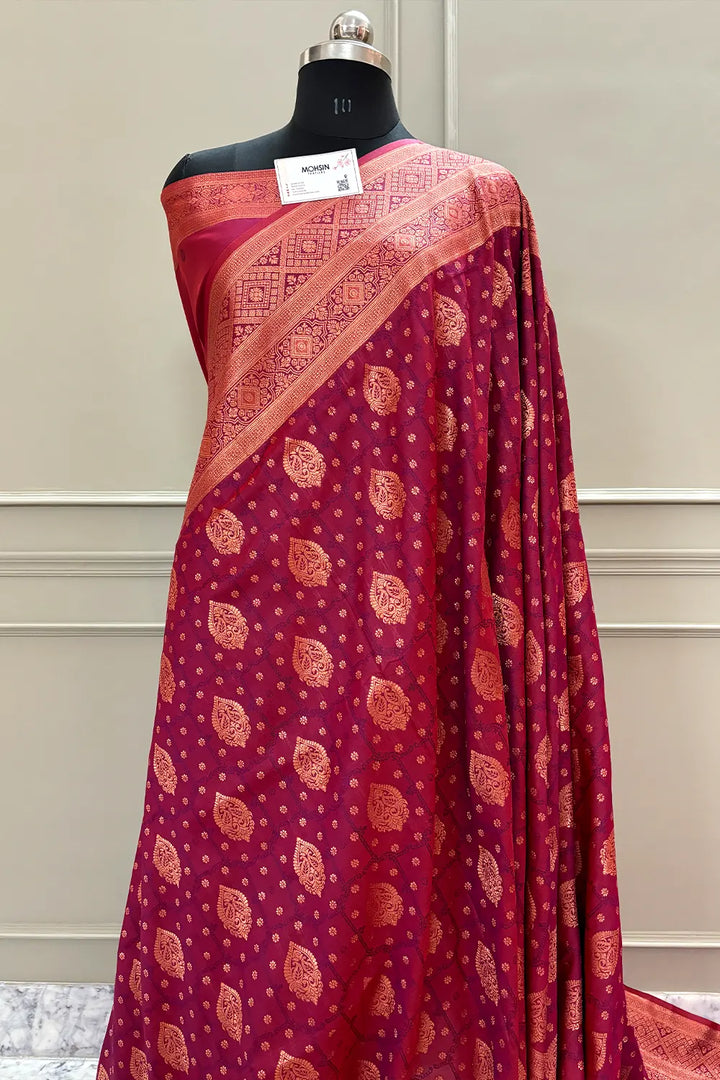 Dark Magenta Antique Zari Satin Silk Banarasi Saree