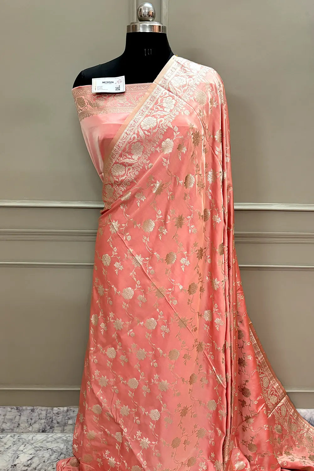 Dark Peach Kesari Jaal Katan Silk Banarasi Saree