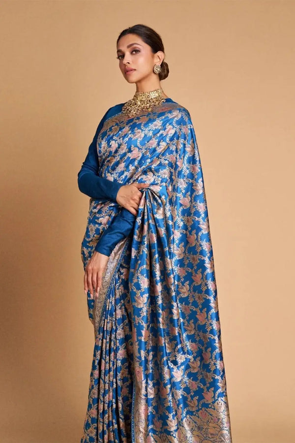 Deepika Padukone Royal Blue Handloom Pure Katan Banarasi Saree