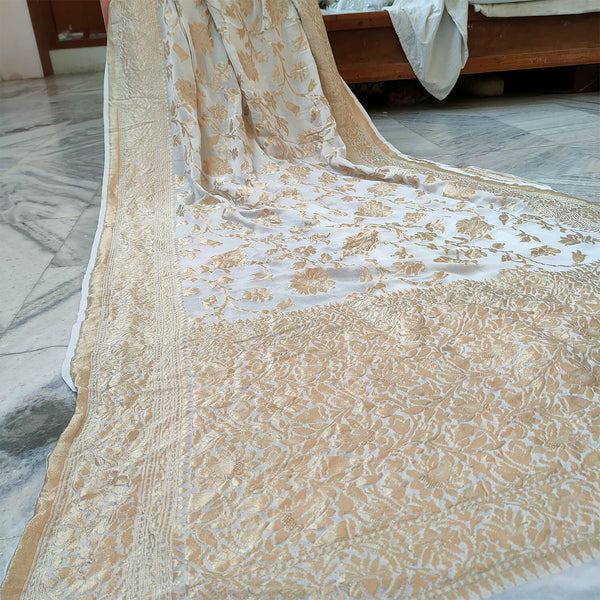Dyeable White Pure Silk Handloom Khaddi Georgett Banarasi Saree 