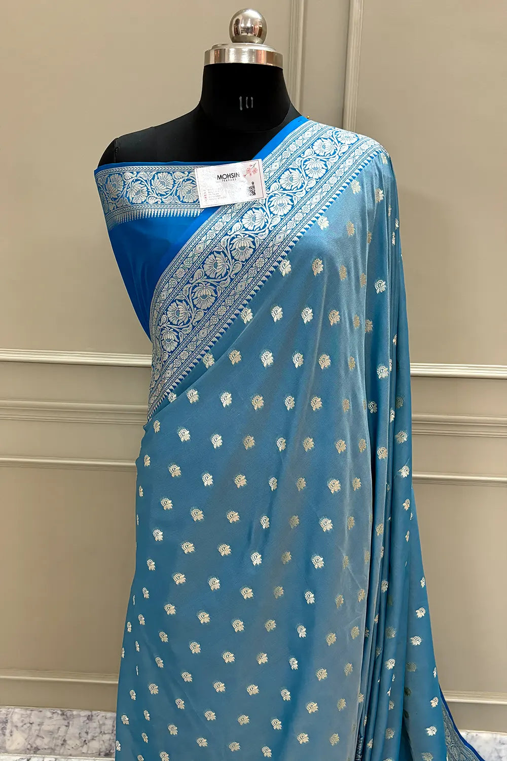 Firozi and Blue Ghonga Buti Katan Silk Banarasi Saree