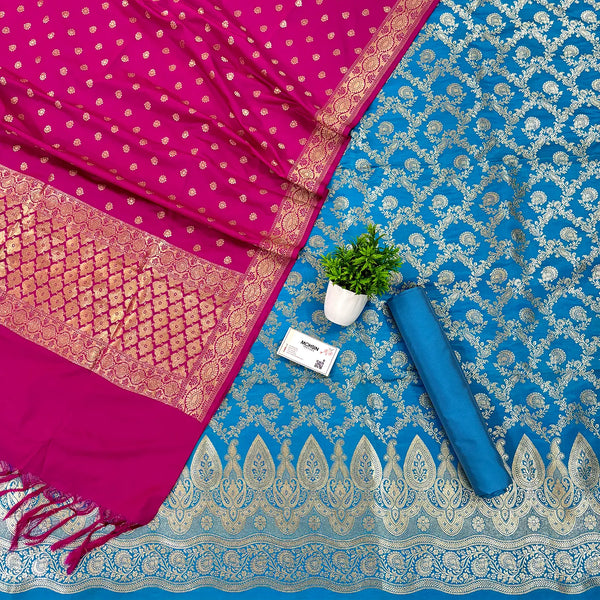 Firozi and Pink Katan Silk Banarasi Suit