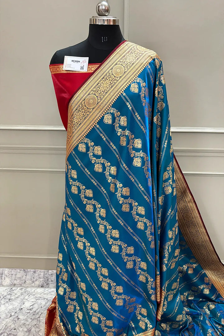 Firozi and Red Latar Patti Katan Silk Banarasi Saree