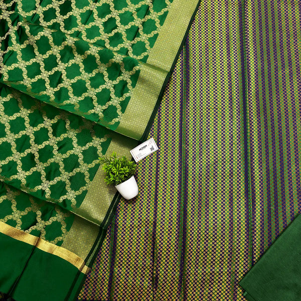 Green and Blue Strip Satin Silk Banarasi Suit