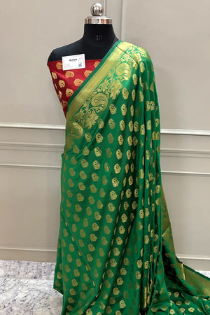 Green and Red Golden Zari Satin Silk Banarasi Saree