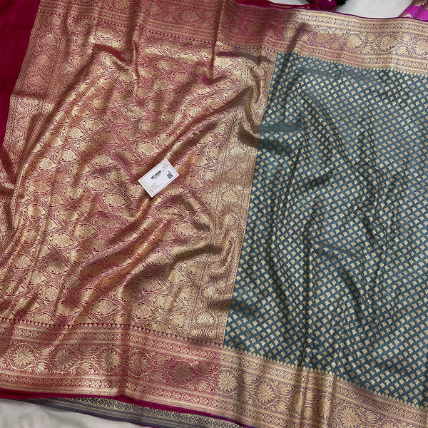 Grey and Pink Golden Zari Katan Silk Banarasi Saree