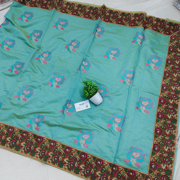 Light Firozi Embroidery Cotton Silk Banarasi Saree