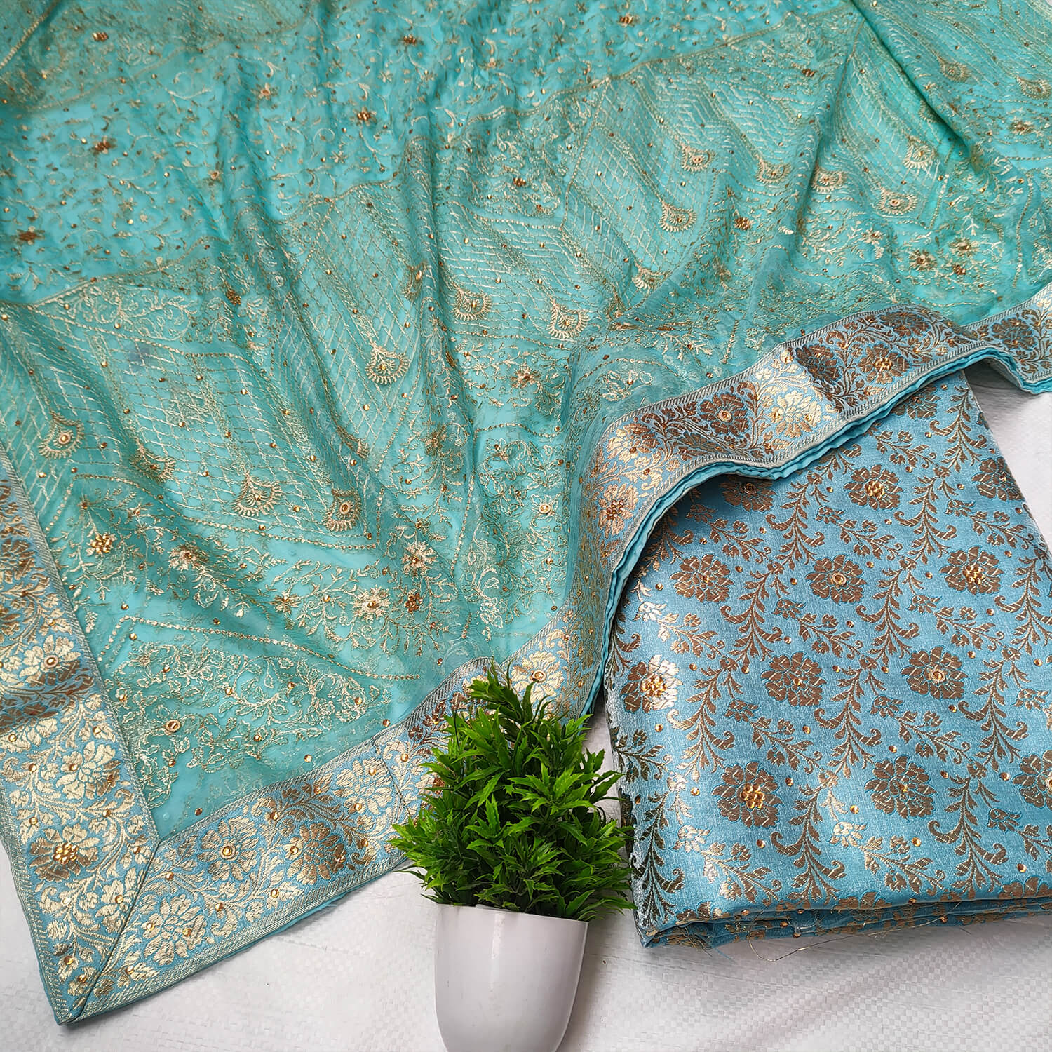 Light Firozi Stone Work Kimkhab Silk Banarasi Gharara – Mohsin Textiles