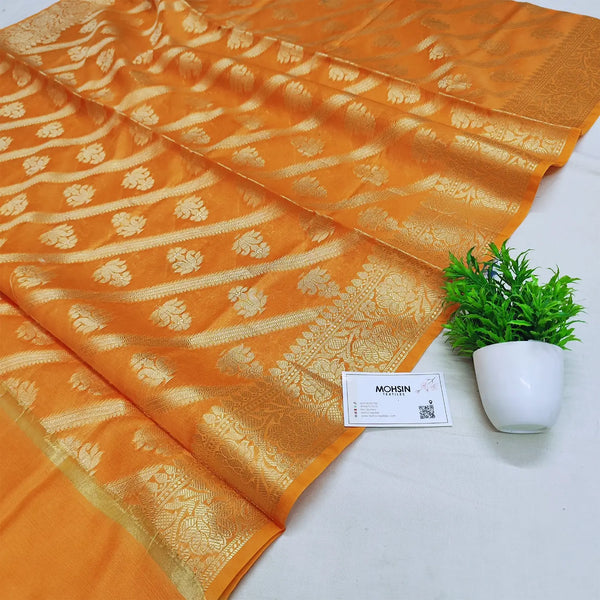 Light Orange Golden Zari Banarasi Silk Dupatta