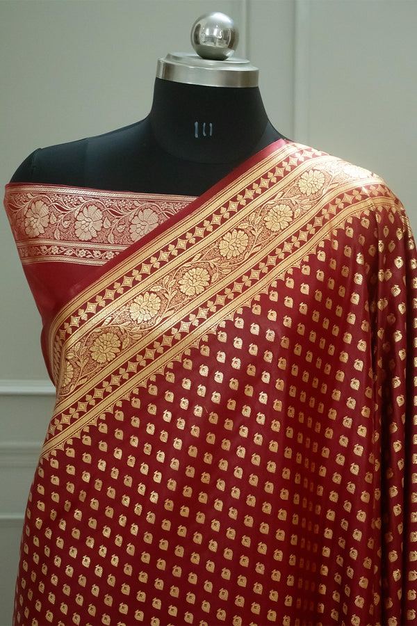 Maroon Golden Paan Katan Silk Banarasi Saree