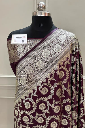 Wine Golden Zari Katan Silk Banarasi Saree