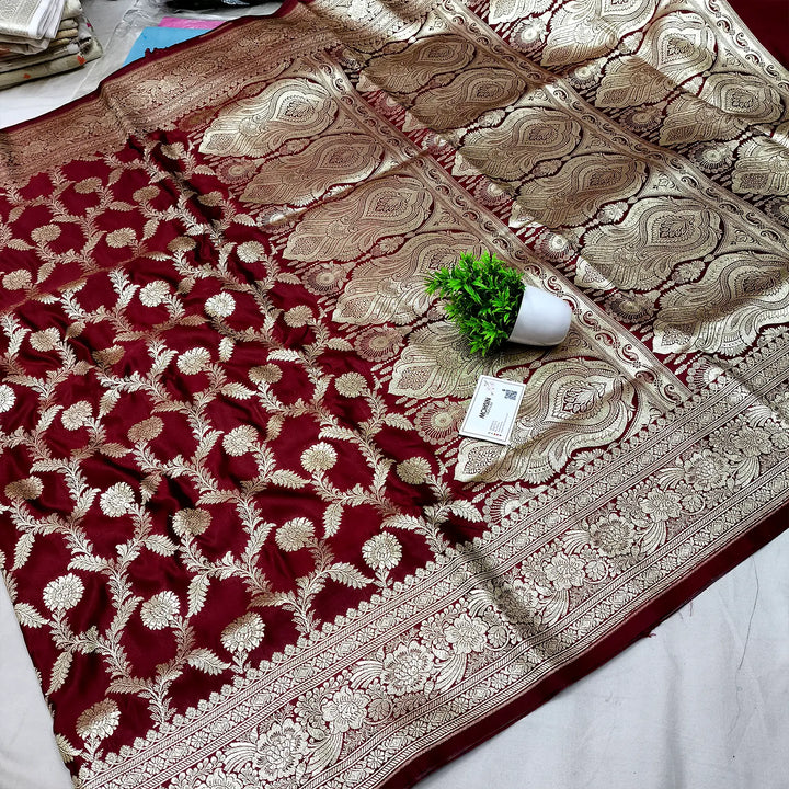 Maroon Golden Zari Katan Silk Banarasi Saree