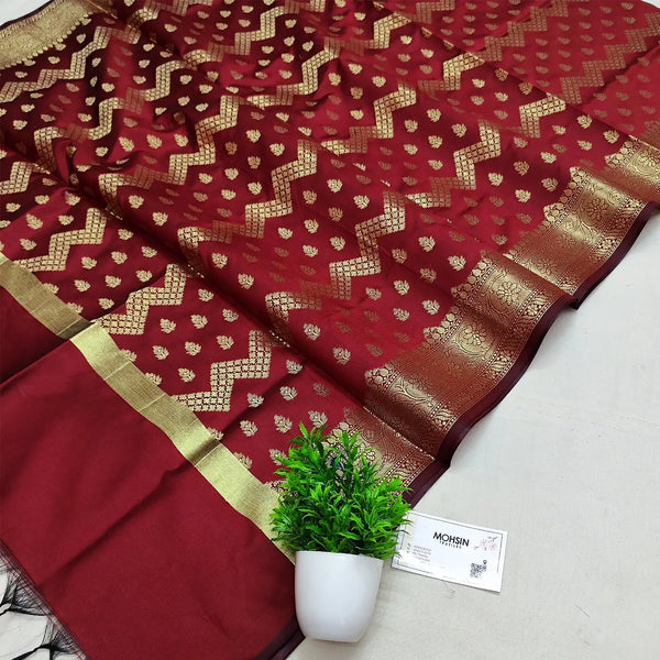 Maroon Golden Zari Satin Silk Banarasi Dupatta