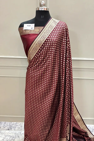 Maroon Golden Zari Satin Silk Banarasi Saree