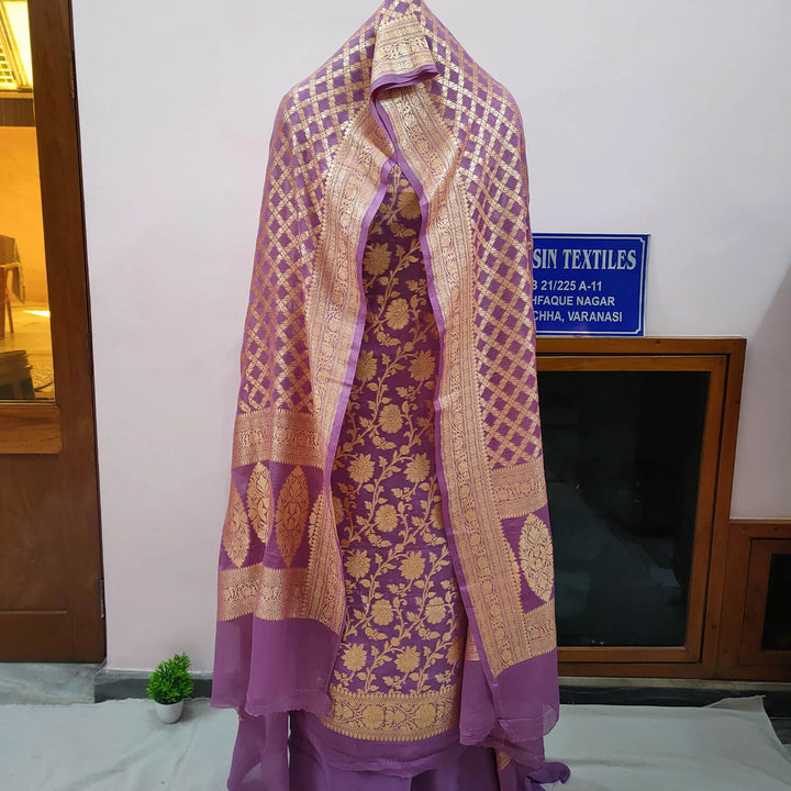 Mauve Pure Khaddi Georgette Silk Banarasi Suit