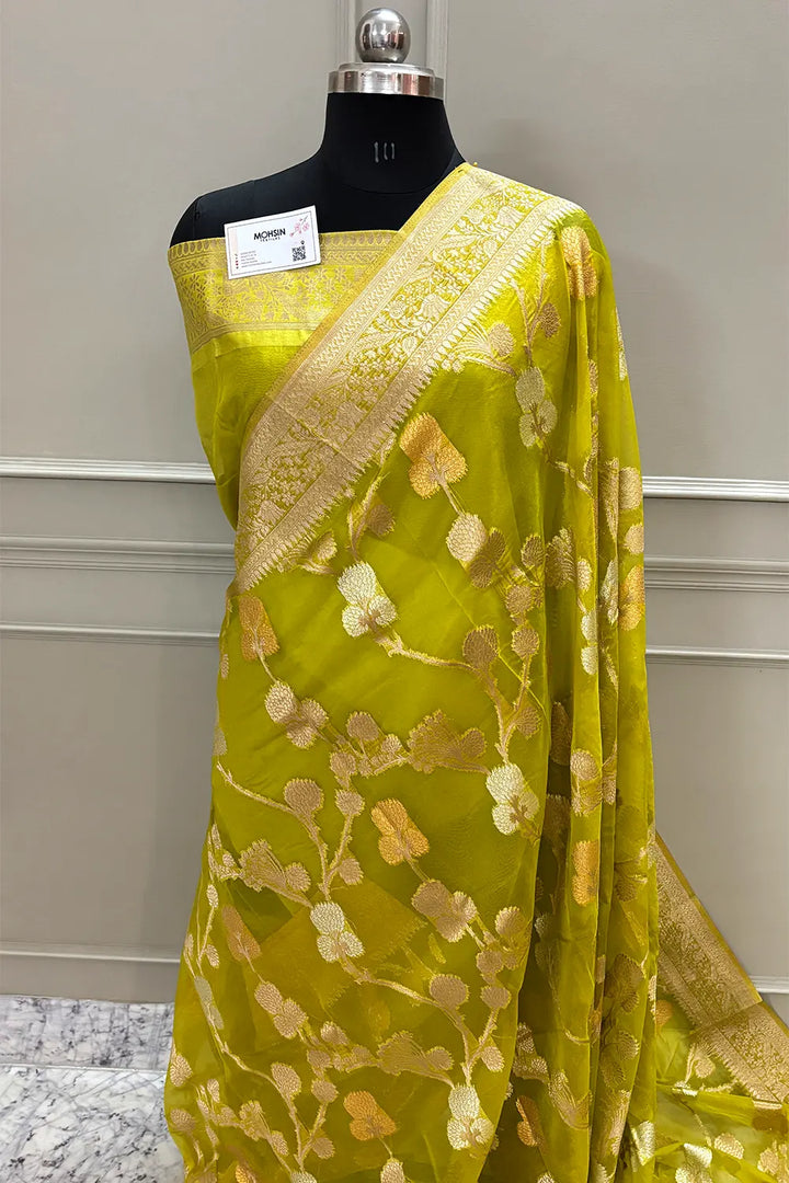 Mehendi Golden Zari Organza Silk Banarasi Saree