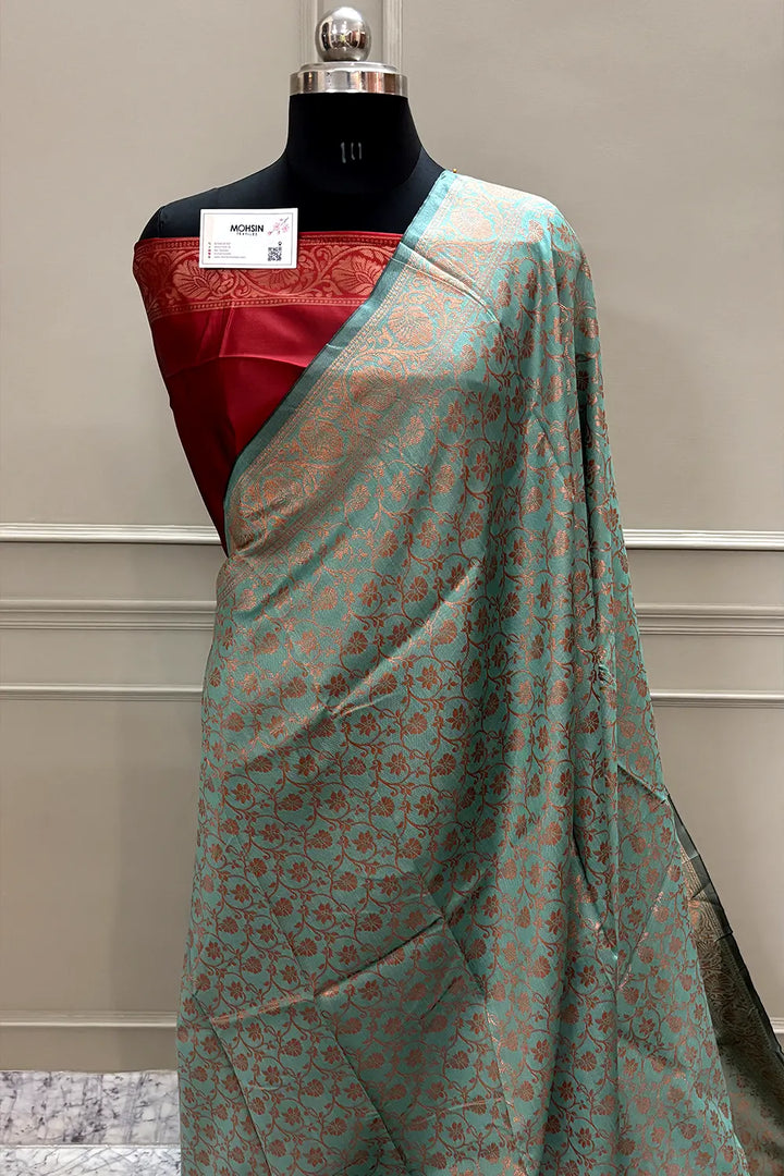 Mint and Maroon Antique Zari Satin Silk Banarasi Saree