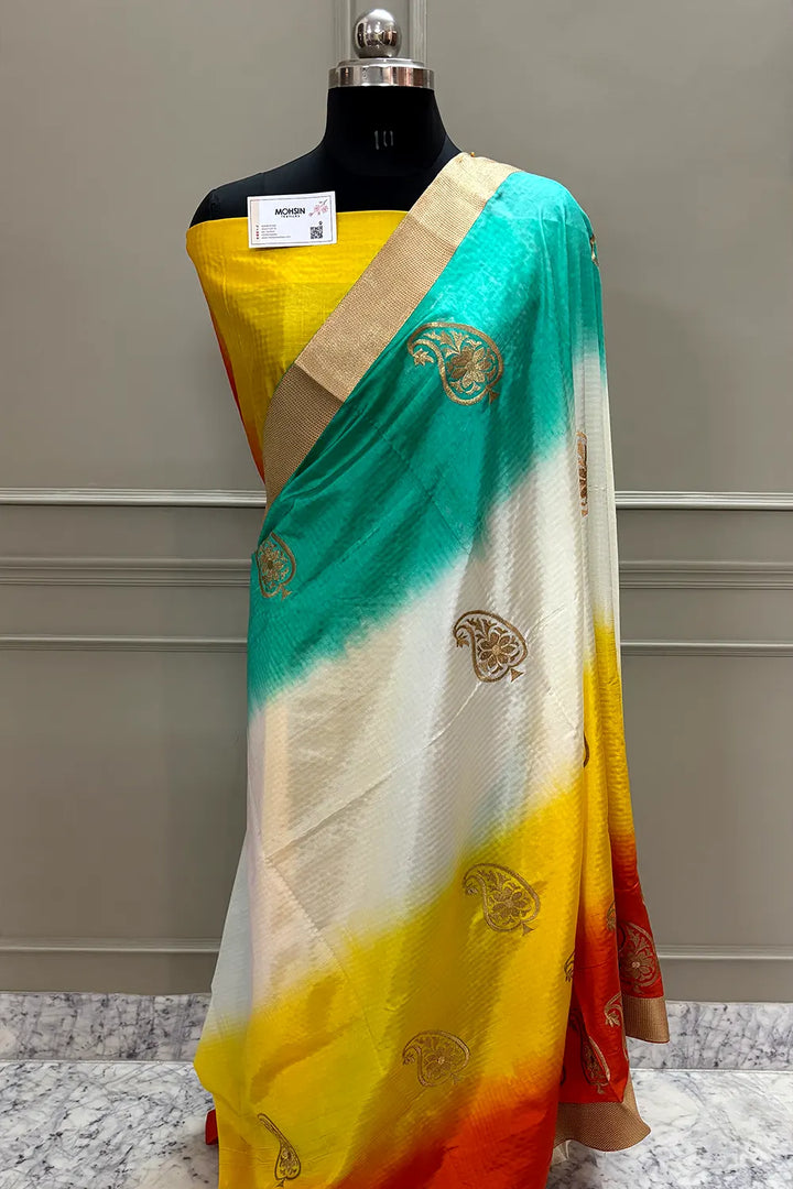 Multi Color Embroidery Work Satin Silk Banarasi Saree