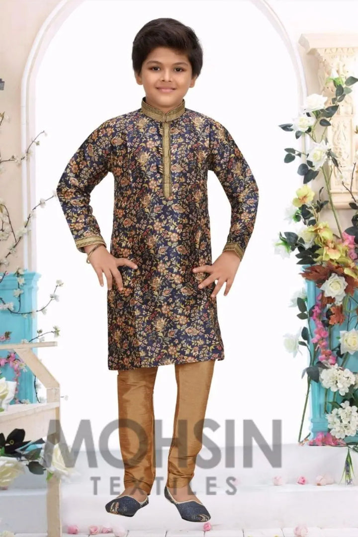 Navy Blue Floral Print Lilen Silk Boys Kurta Pajama