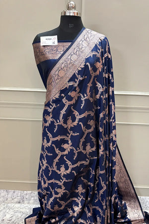 Navy Blue Golden Zari Satin Silk Banarasi Saree