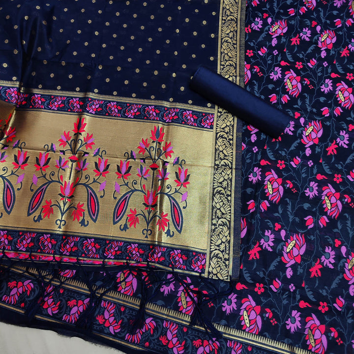 Navy Blue Jamdani Pink Meenakari Satin Silk Banarasi Suit