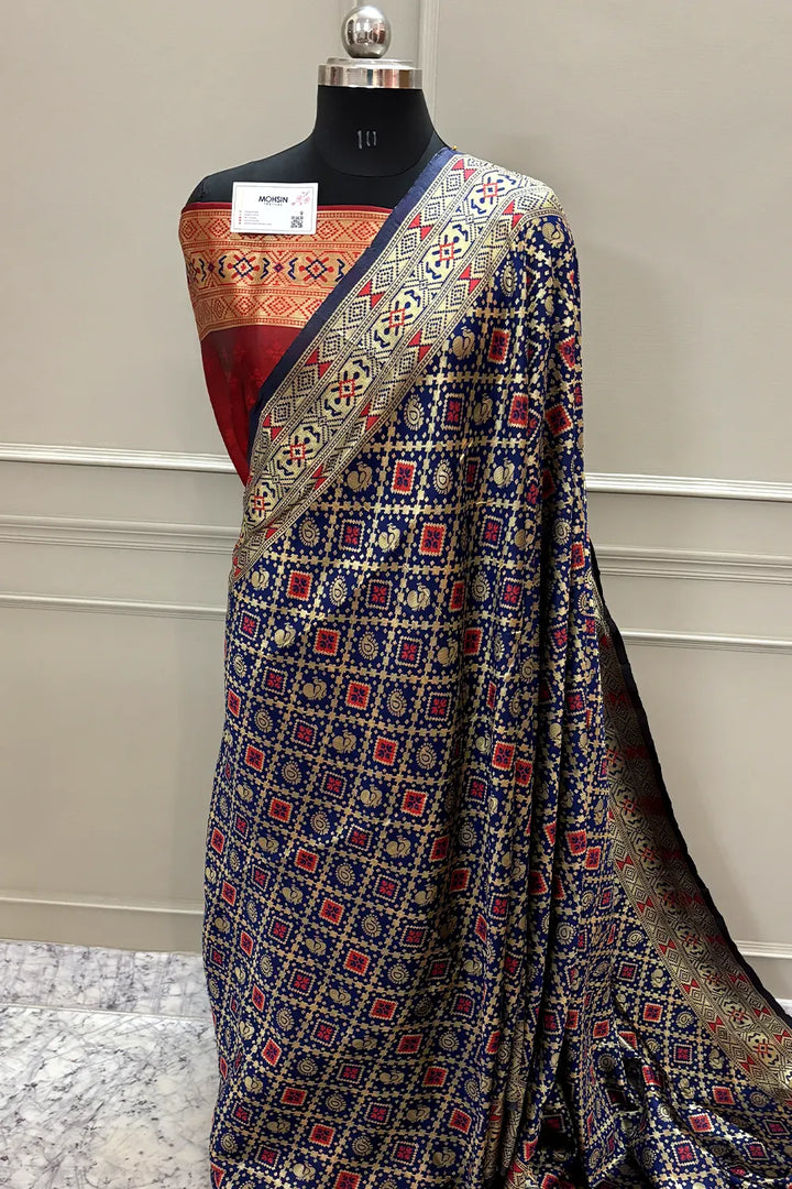 Navy Blue and Maroon Silky Banarasi Saree