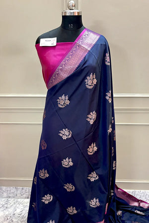 Navy Blue and Pink Golden Zari Banarasi Silk Saree