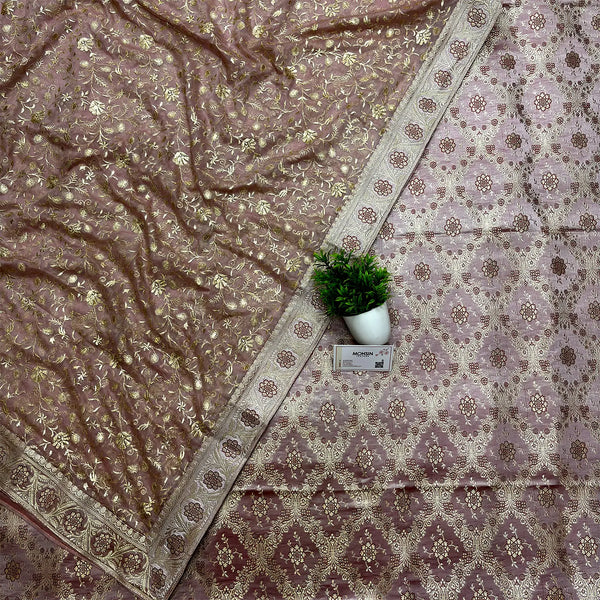 Onion Pink Golden Zari Kimkhab Silk Banarasi Suit