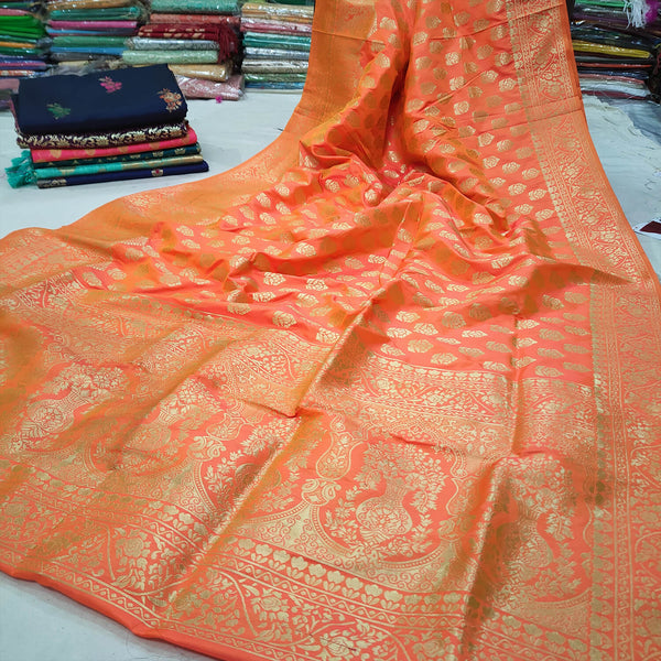 Orange Dhoop Chaon Satin Silk Banarasi Saree