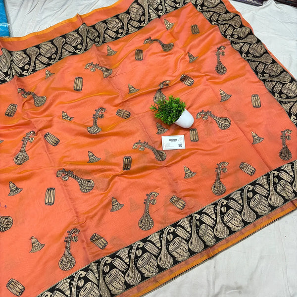 Orange Embroidery Work Cotton Silk Banarasi Saree