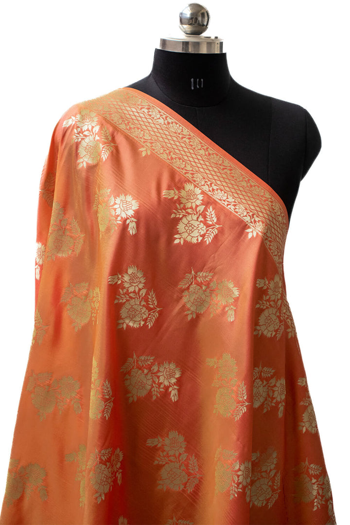 Orange Golden Zari Katan Silk Banarasi Dupatta