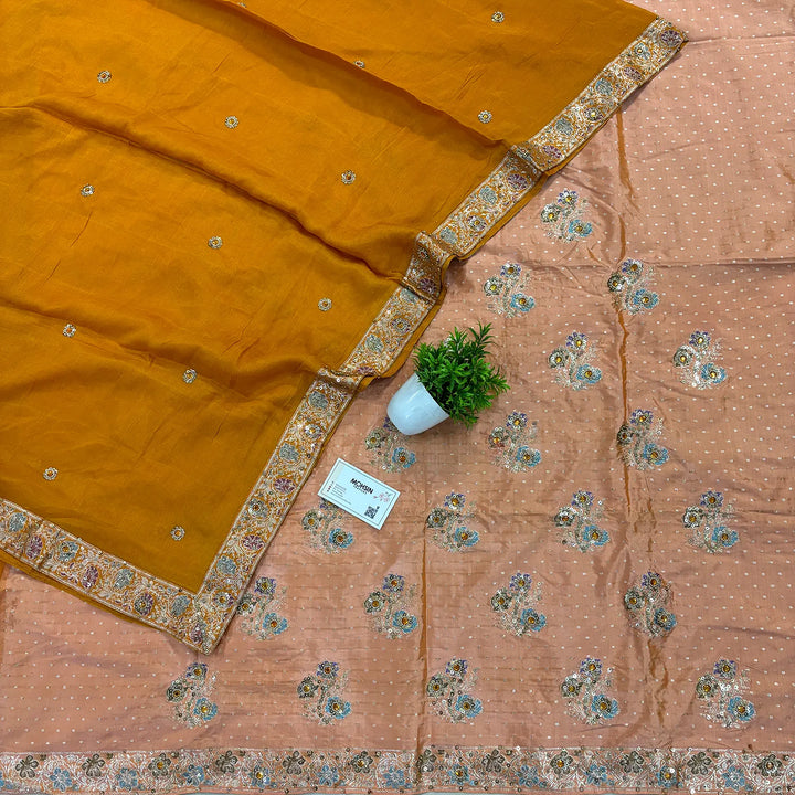 Orange Golden Zari Katan Silk Banarasi Suit