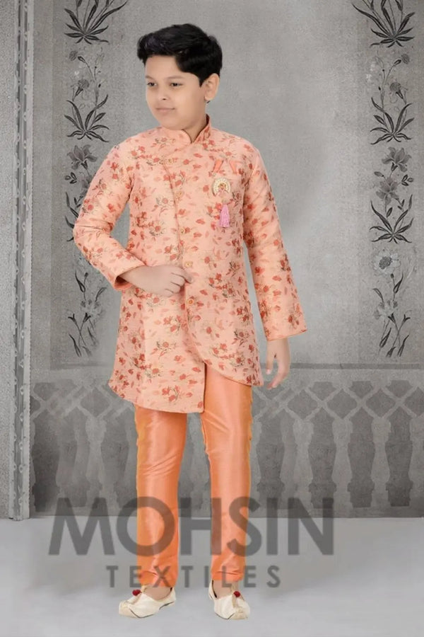 Peach Floral Print Lilen Silk Boys Kurta Pajama