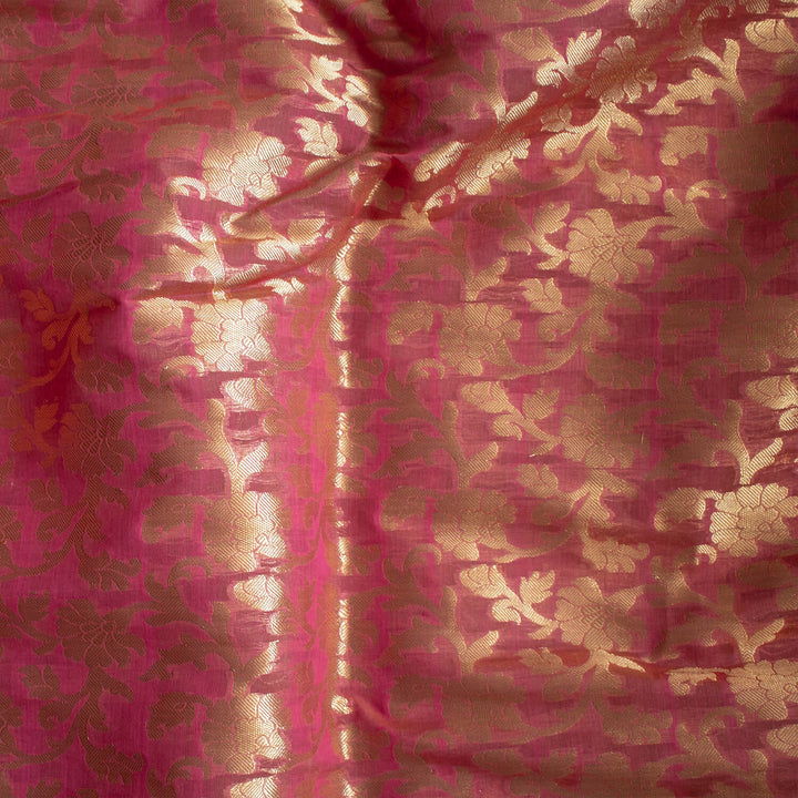 Peach Golden Zari Banarasi Musrize Silk Fabric