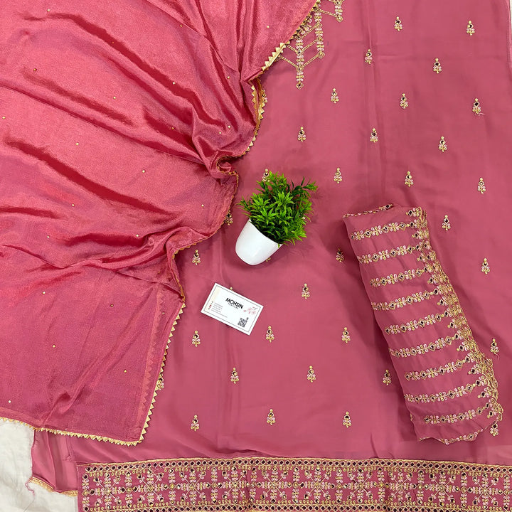 Peach Golden Zari Crepe Silk Salwar Suit