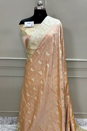 Peach Golden Zari Katan Silk Banarasi Saree