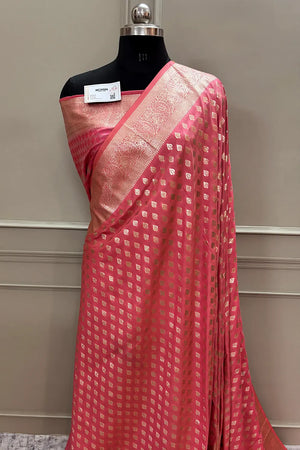 Peach Golden Zari Silky Banarasi Saree