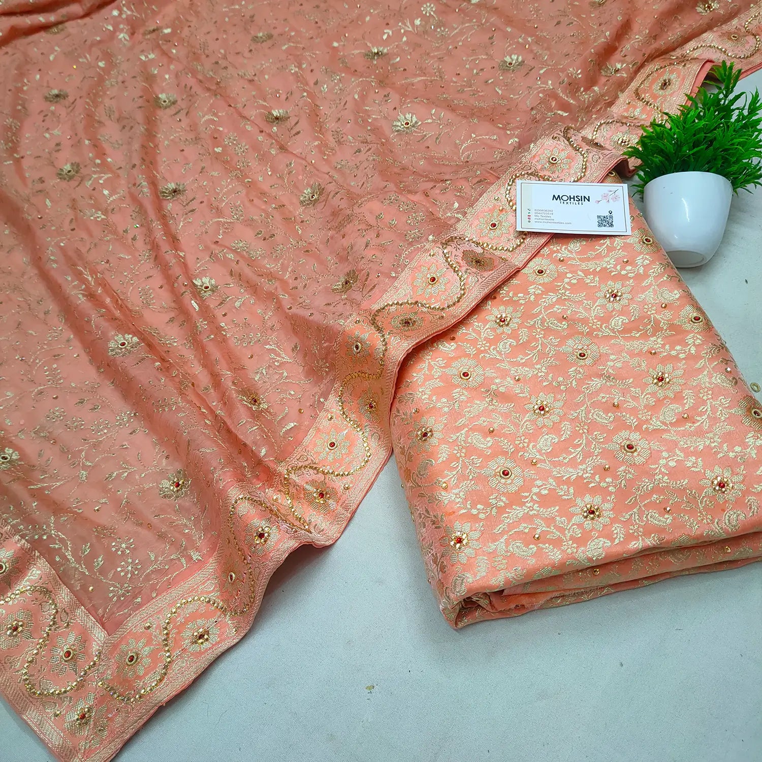 Peach Stone Work Kimkhab Silk Banarasi Gharara – Mohsin Textiles