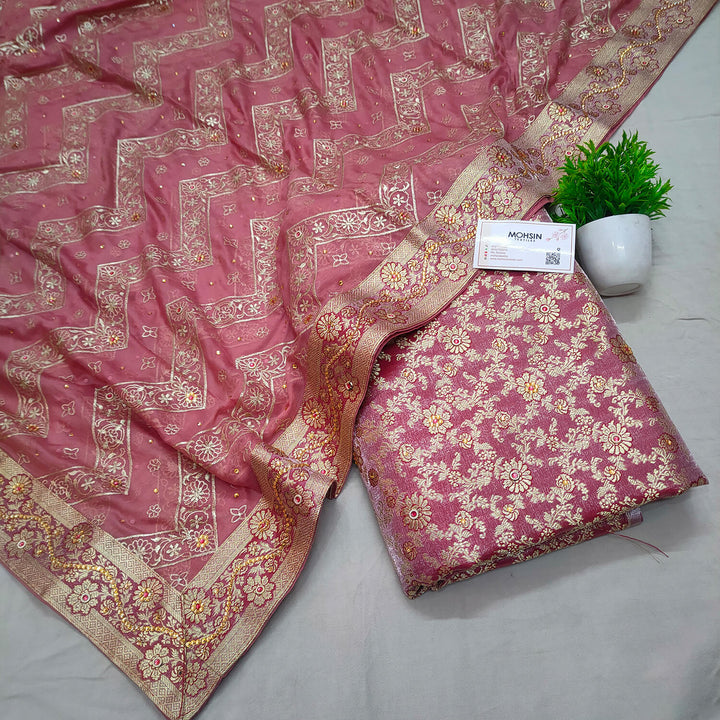 Peach Stone Work Kimkhab Silk Banarasi Gharara