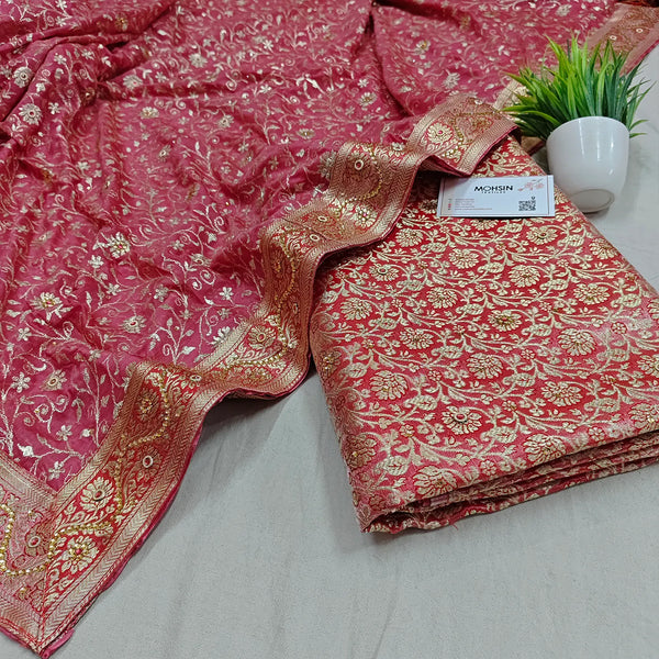 Peach Stone Work Kimkhab Silk Banarasi Gharara