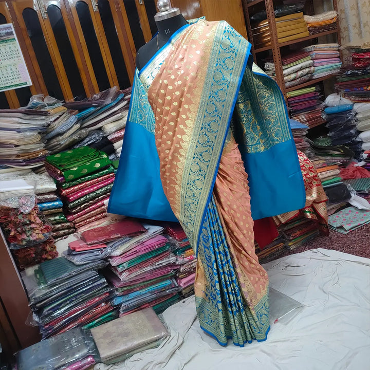 Peach and Blue Katan Silk Banarasi Saree