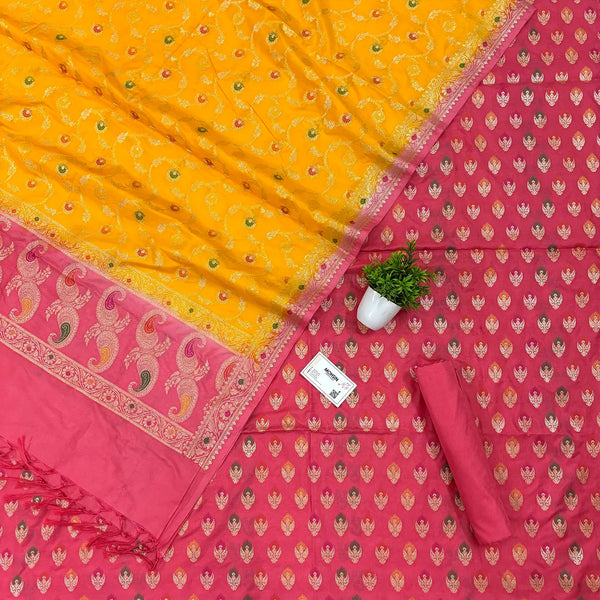 Peach and Yellow Golden Zari Katan Silk Banarasi Suit