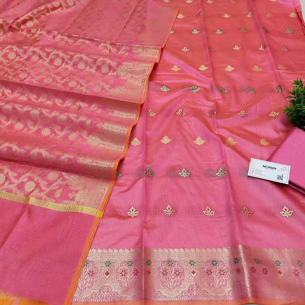 Pink Golden Zari Banarasi Silk Suit