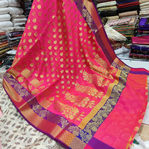 Pink Golden Zari Chanderi Silk Banarasi Saree