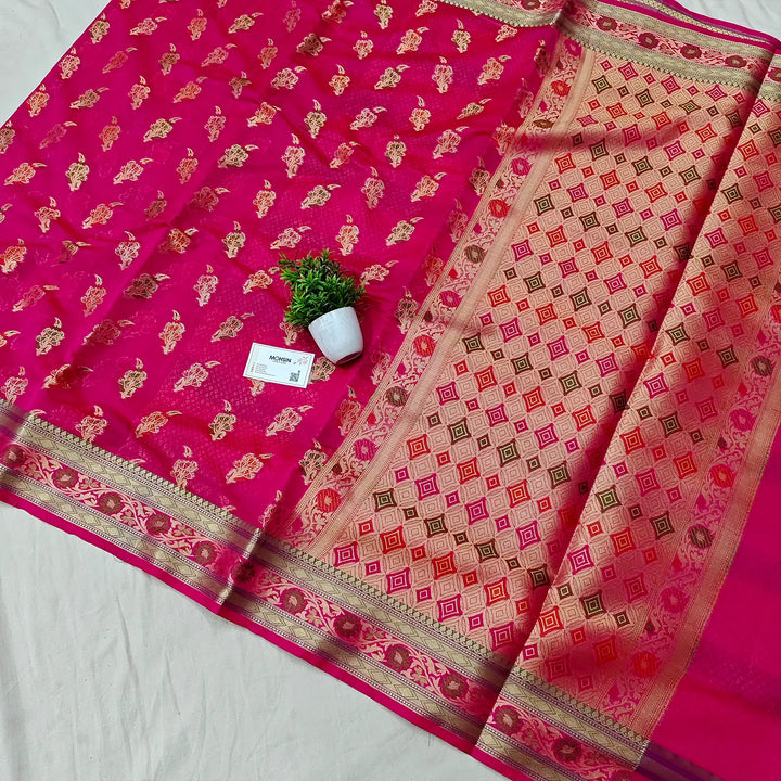 Pink Golden Zari Chanderi Silk Banarasi Saree