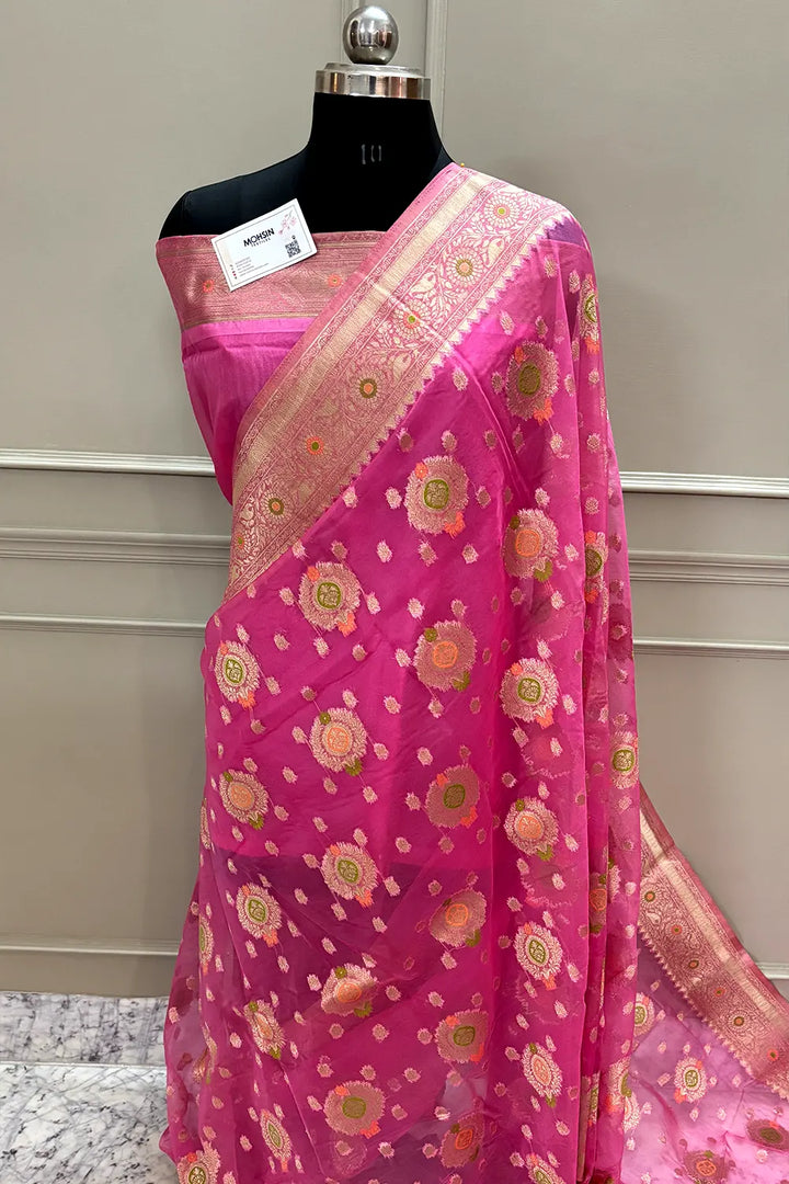 Pink Golden Zari Organza Silk Banarasi Saree